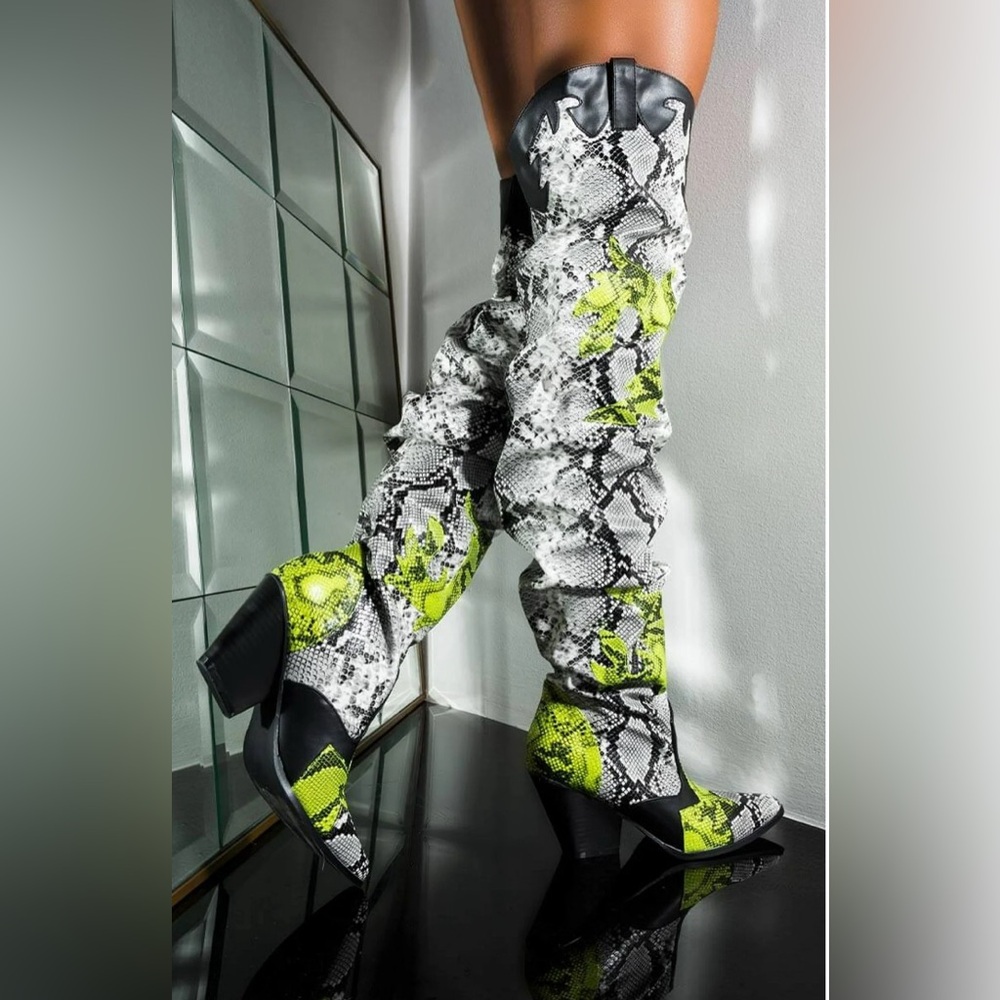 Cape Robbin Snake Print Over the Knee Boots - Black and Green